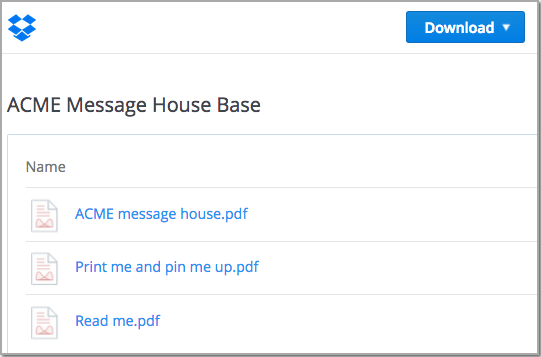 Example of an ACME.Stays.org Message House base for teams, making Message Houses and related materials  easy to access.